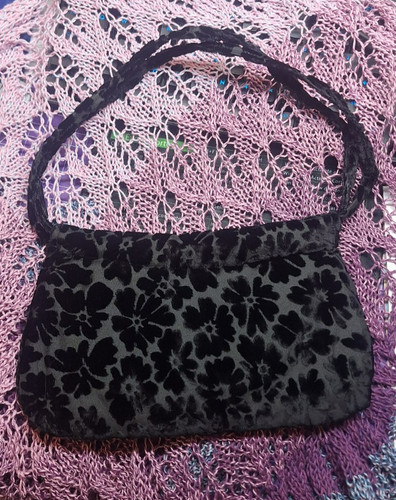 Black flocked velvet handbag - flocked,